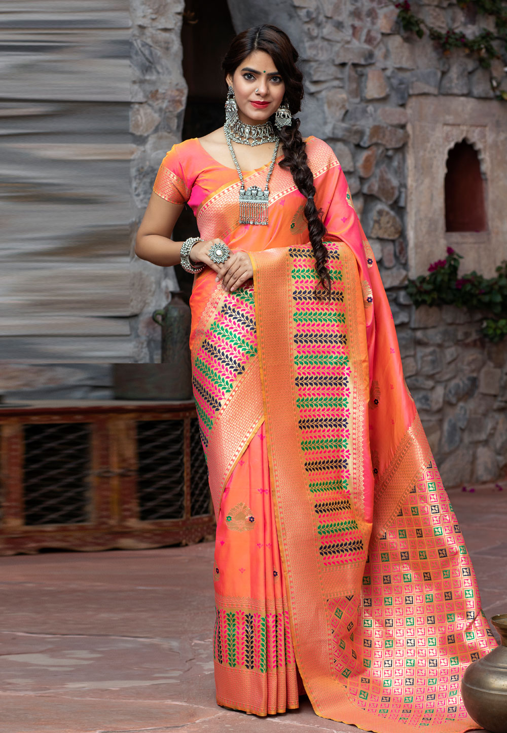 Peach Banarasi Silk Saree With Blouse 217023