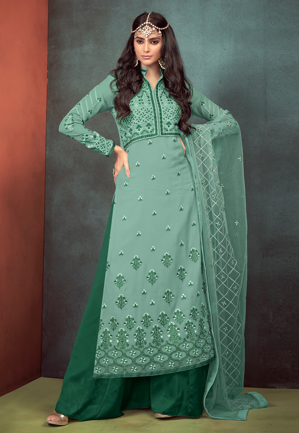 Shaded Green Georgette Palazzo Suit 157418