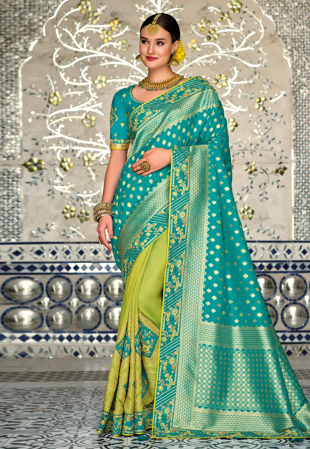 Turquoise Banarasi Silk Half N Half Saree 243117