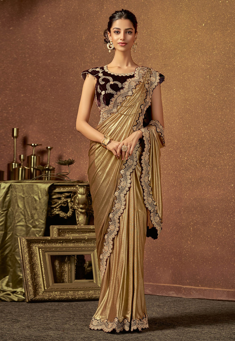 Golden Shimmer Embroidered Party Wear Saree 166011