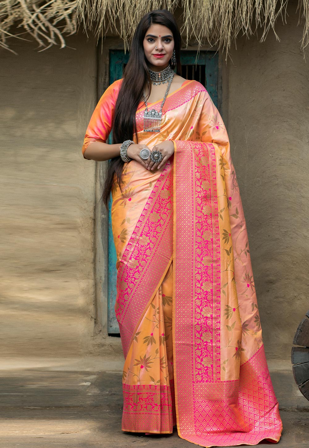 Light Orange Banarasi Silk Festival Wear Saree 217024