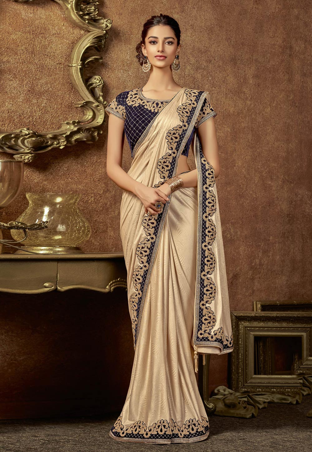 Beige Shimmer Embroidered Party Wear Saree 166012
