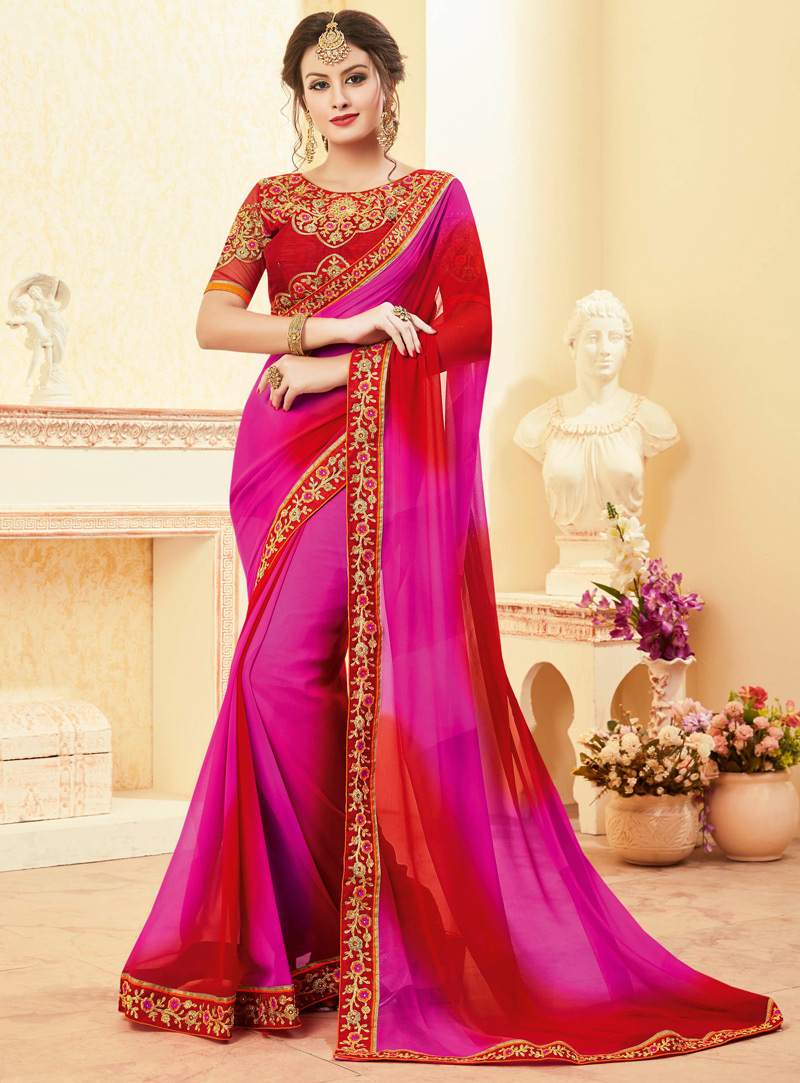 Red Georgette Saree With Embroidered Blouse 94052