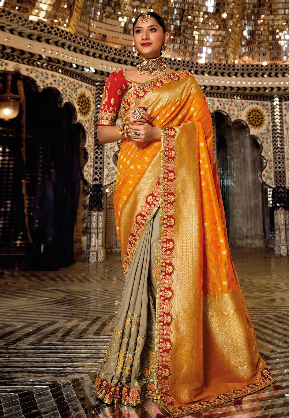 Orange Banarasi Silk Half N Half Saree 243119