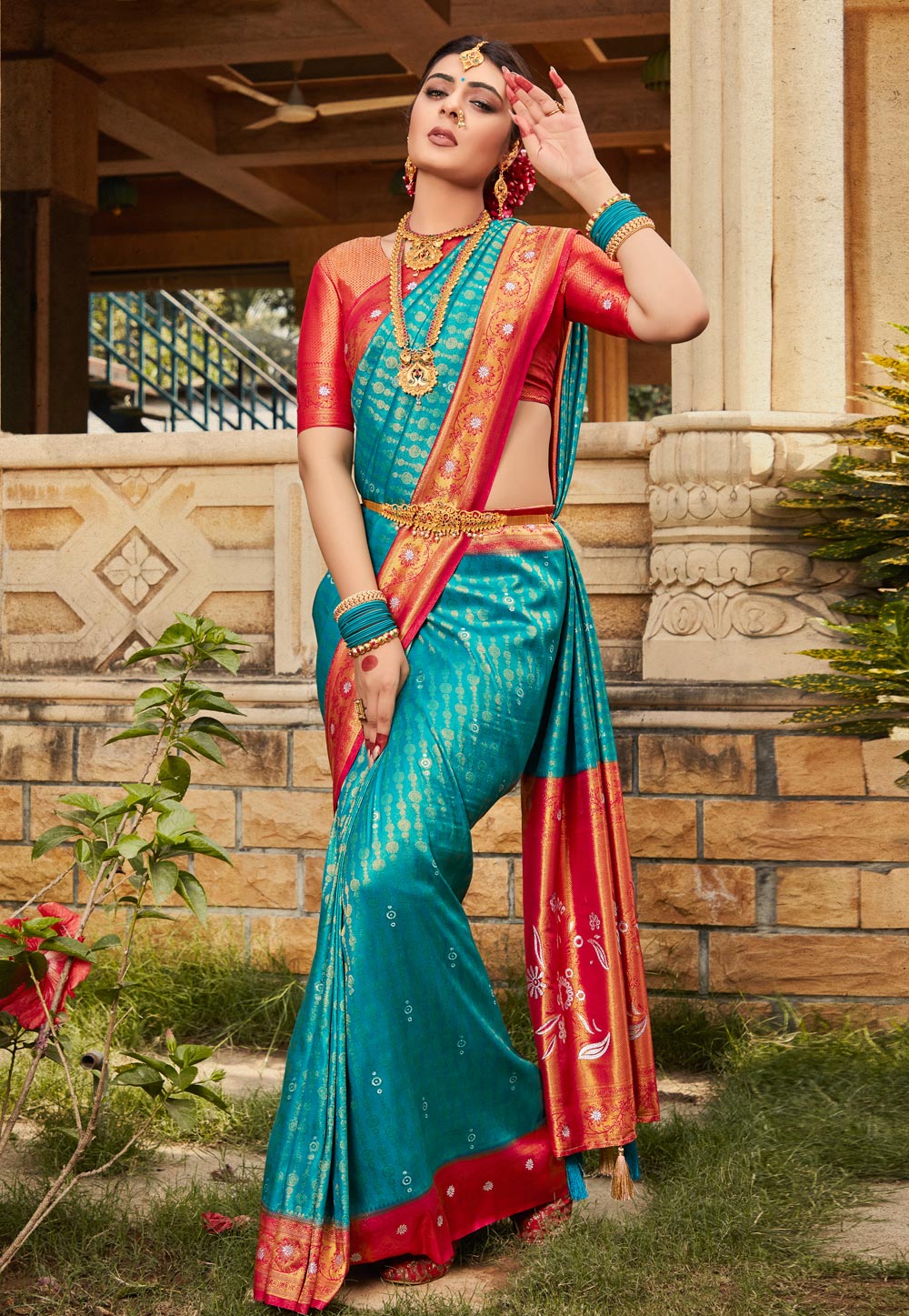 Turquoise Kanjivaram Silk Saree With Blouse 266433