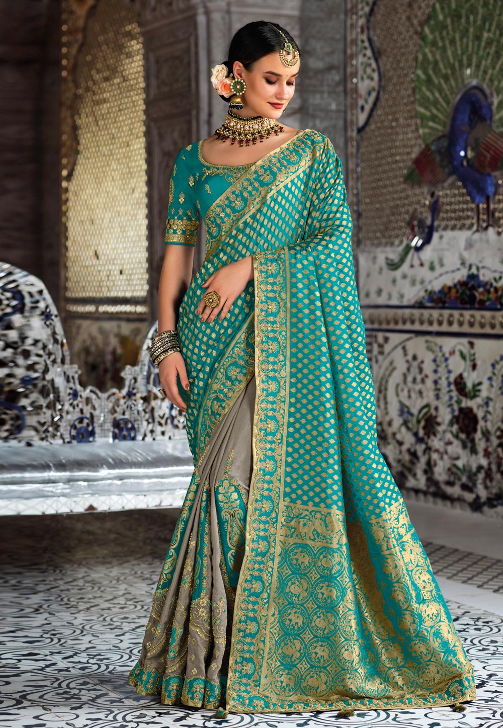Turquoise Banarasi Silk Saree With Blouse 243120