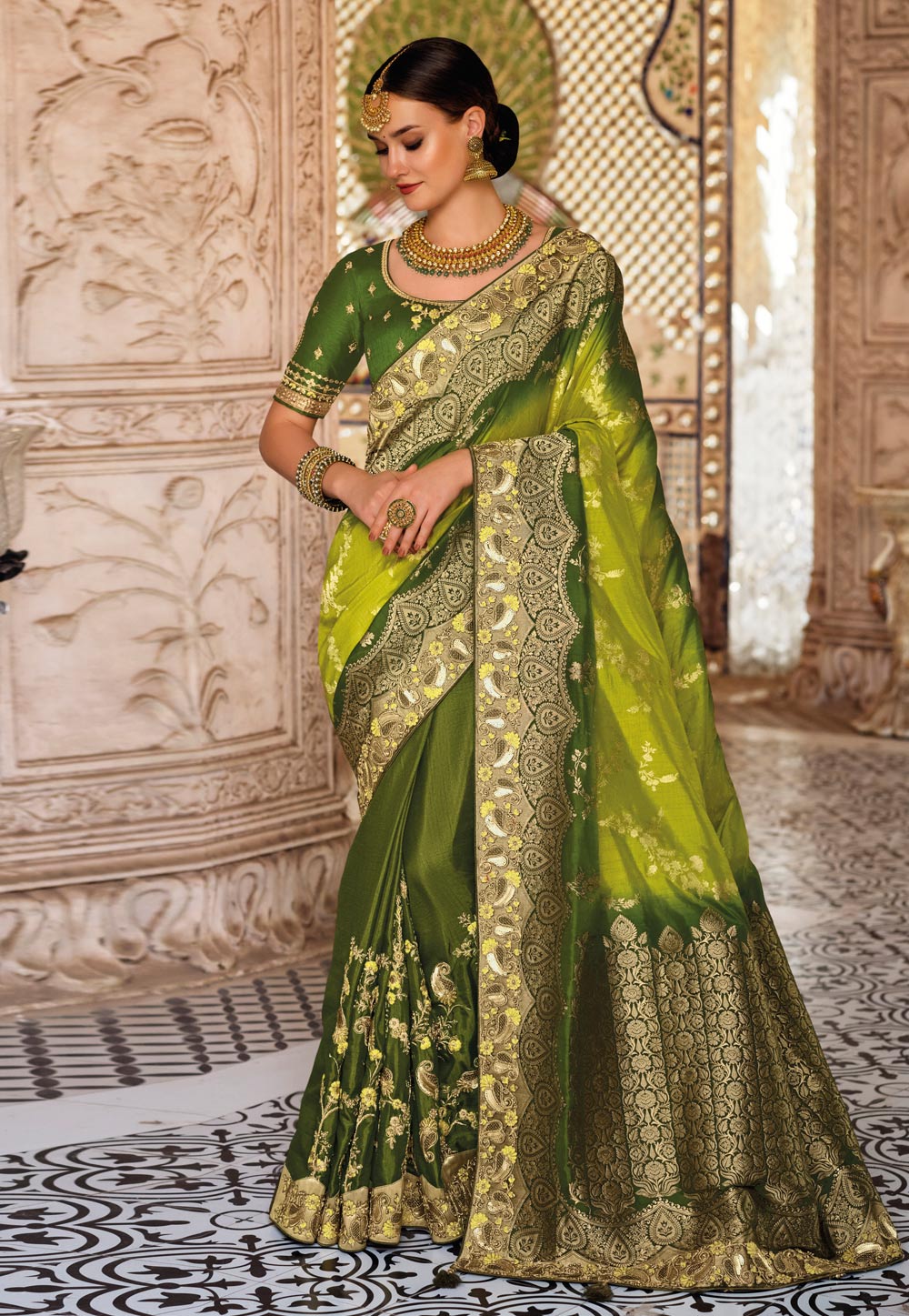 Light Green Banarasi Silk Half N Half Saree 243121