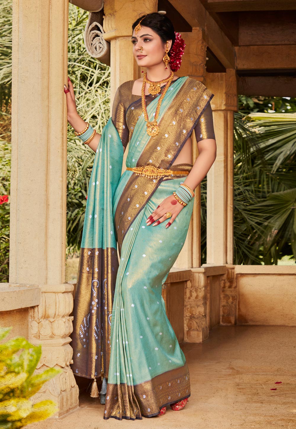 Sky Blue Kanjivaram Silk Saree With Blouse 266435