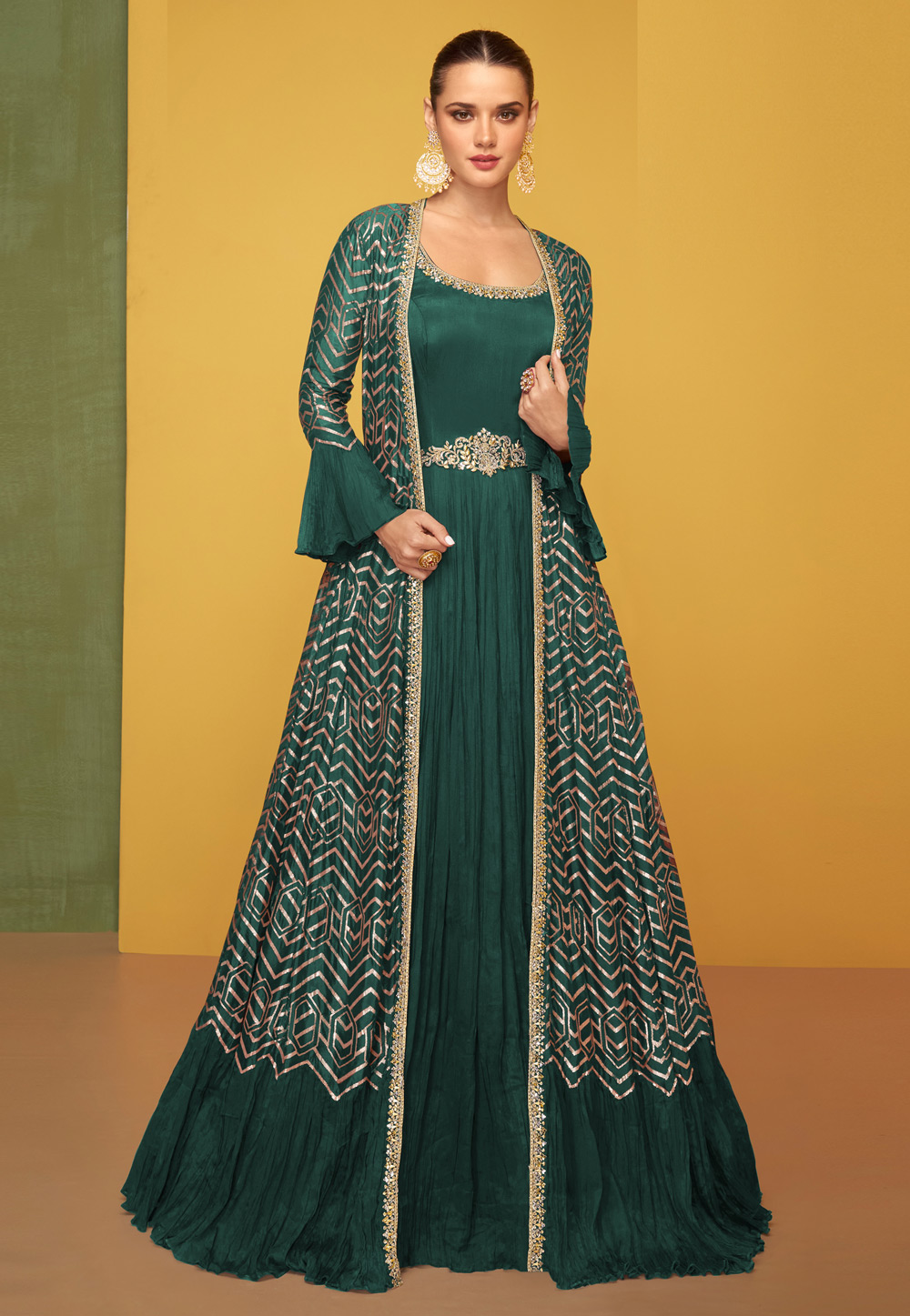 Green Silk Abaya Style Anarkali Suit 262005