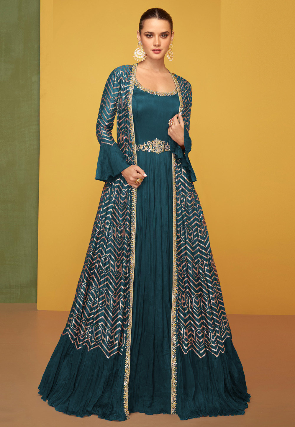 Teal Silk Abaya Style Anarkali Suit 262007