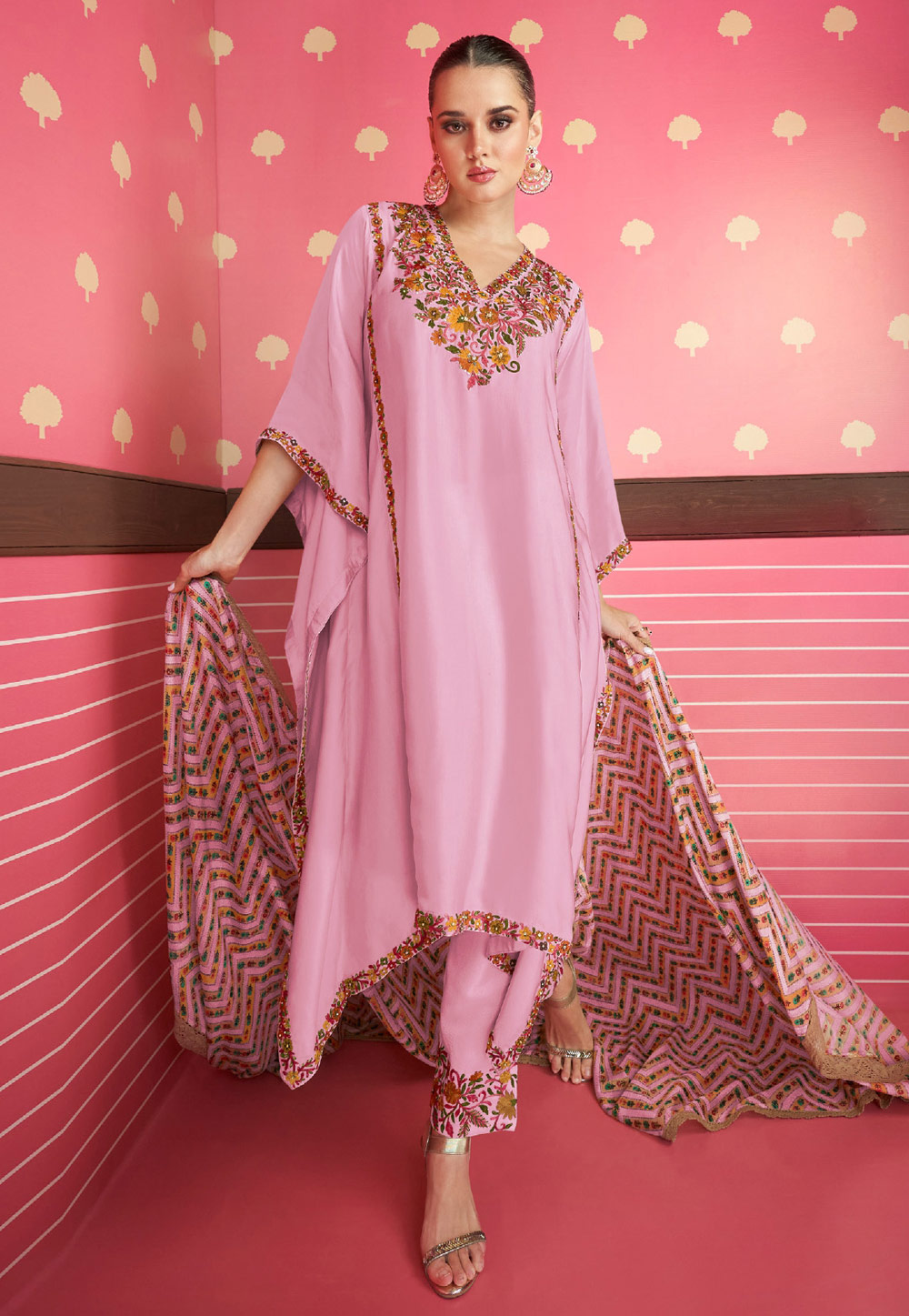Pink Silk Satin Readymade Kaftan 259986
