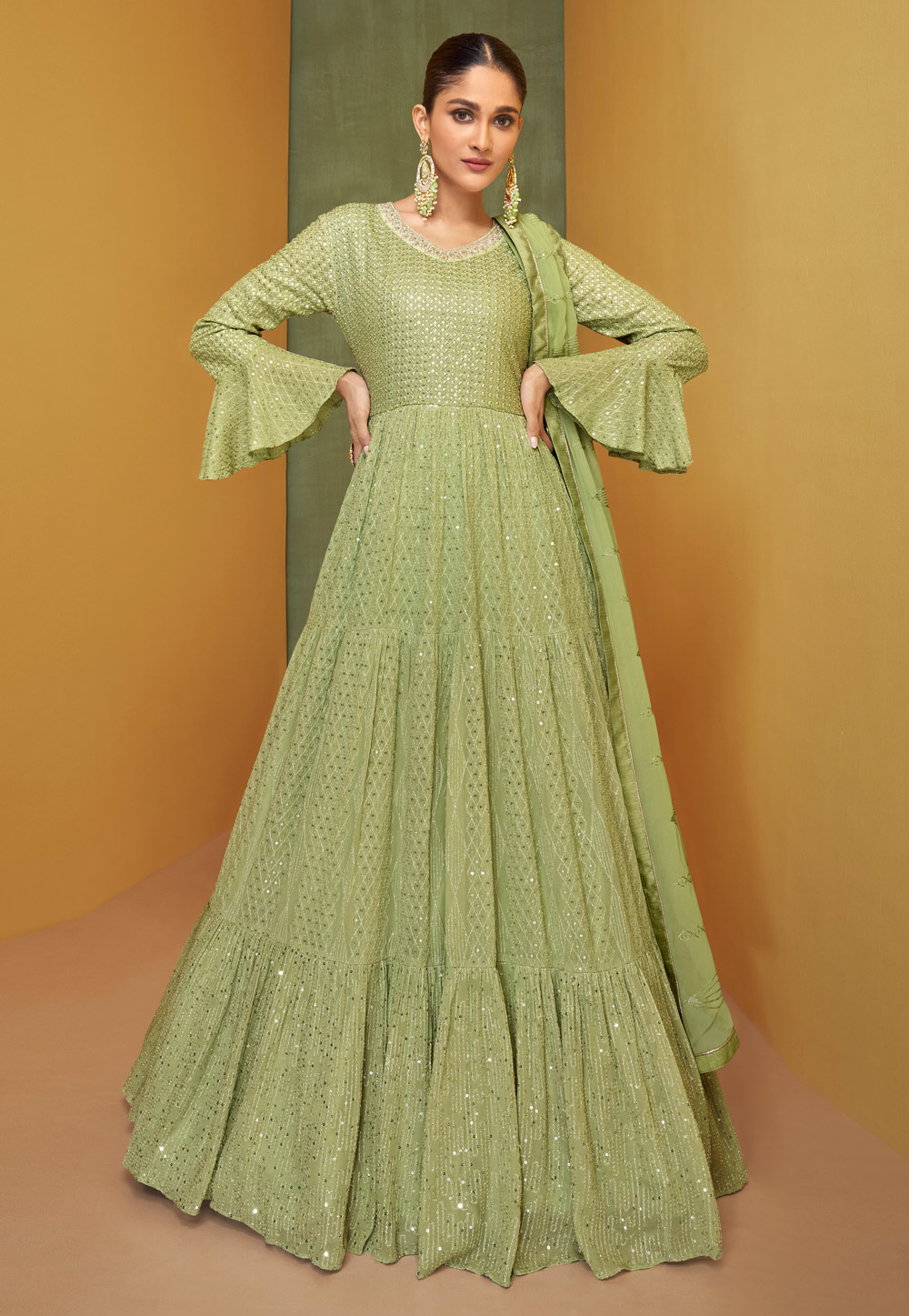 Pista Green Georgette Abaya Style Anarkali Suit 254103