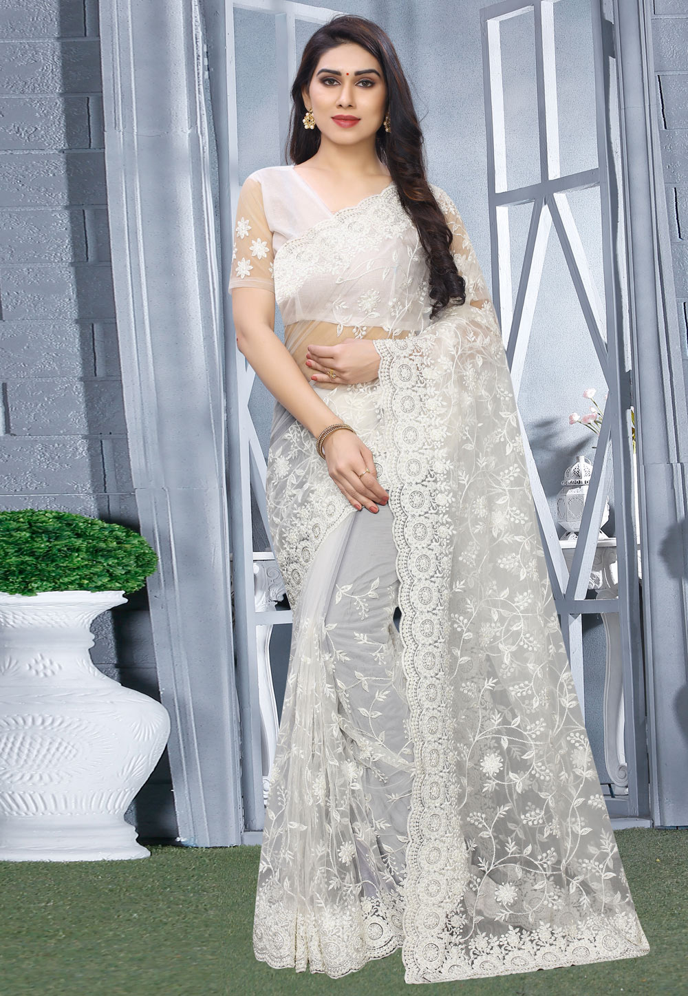 Off White Net Saree With Blouse 200405