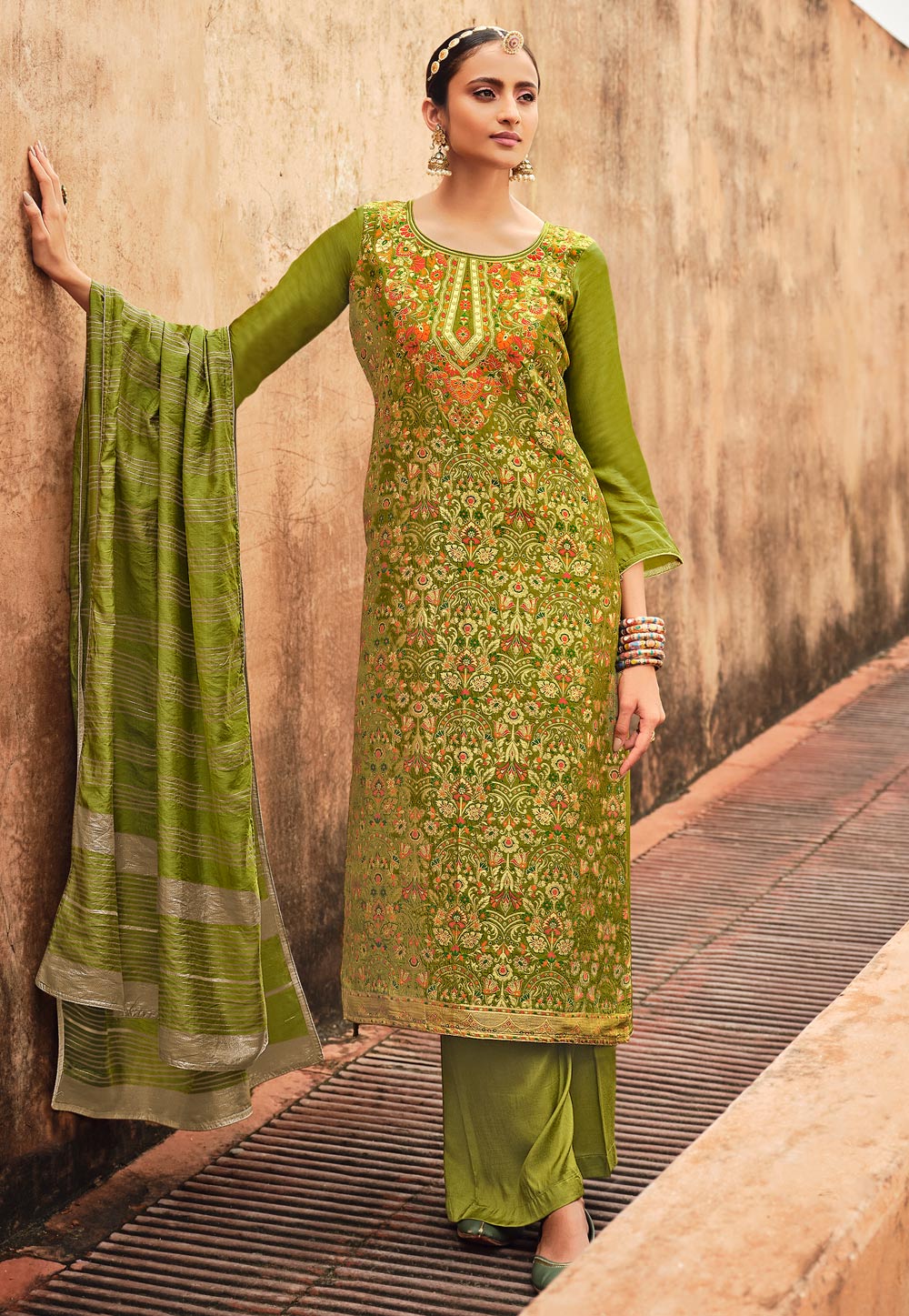 Green Silk Jacquard Palazzo Suit 235230