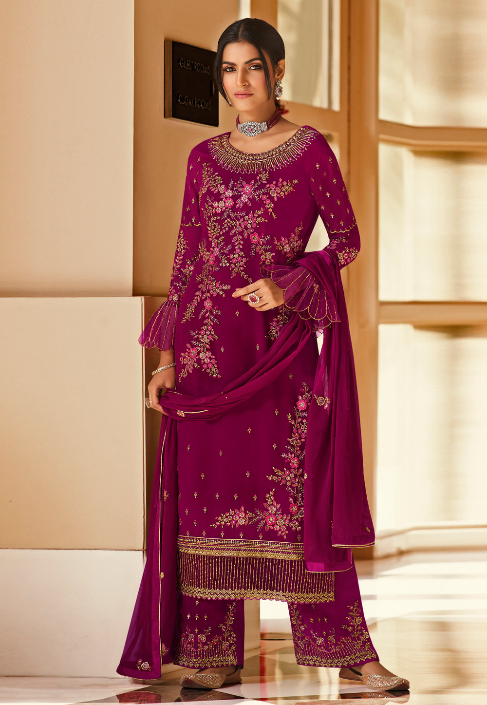 Magenta Georgette Palazzo Suit With Frill Sleeve 225080