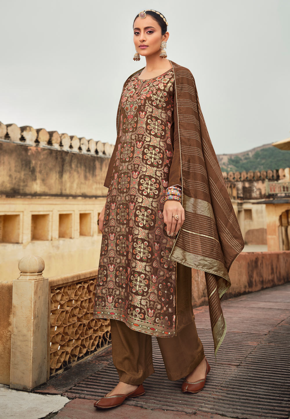 Brown Silk Jacquard Palazzo Suit 235232