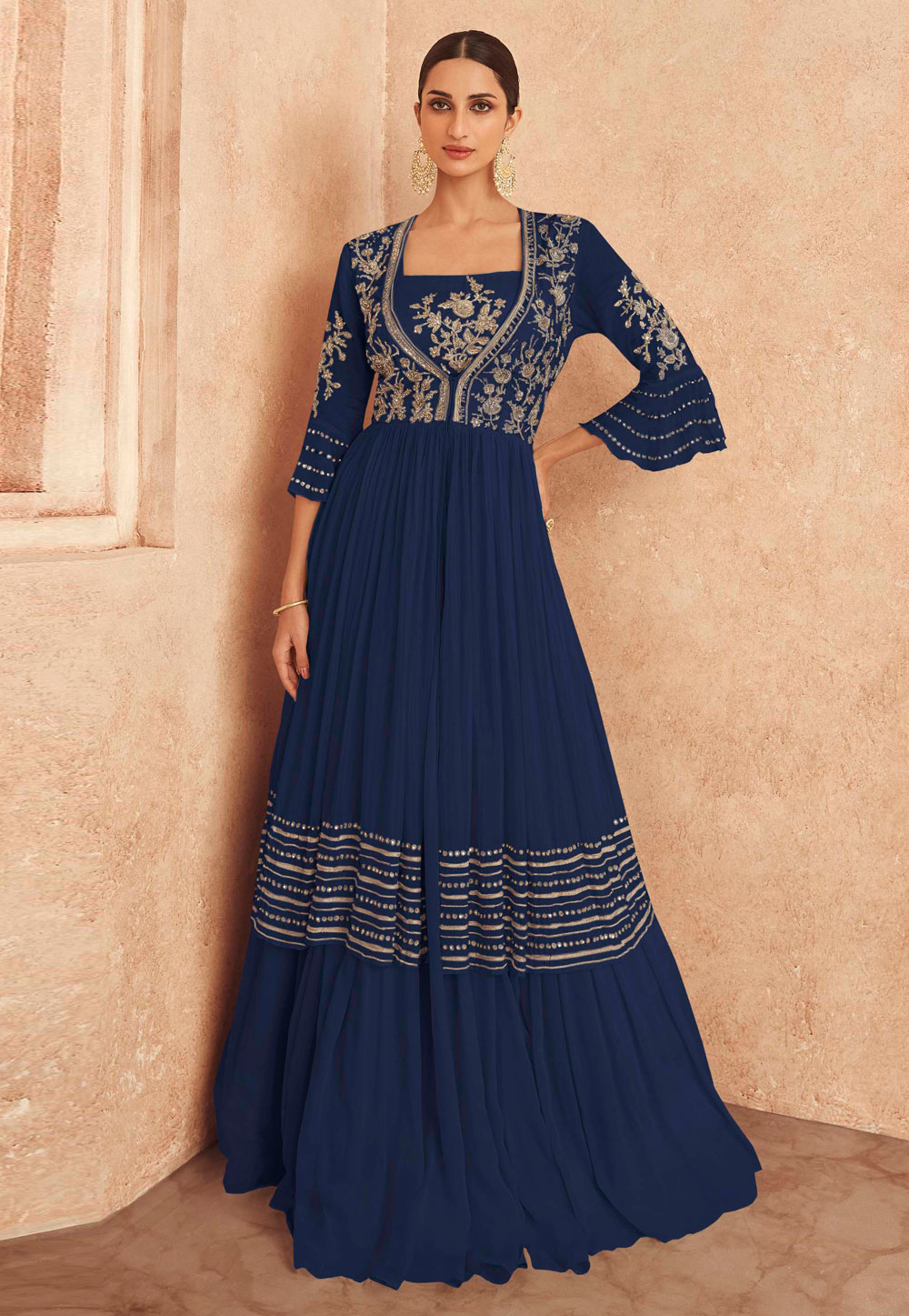 Navy Blue Chinon Silk Long Choli Lehenga 266299