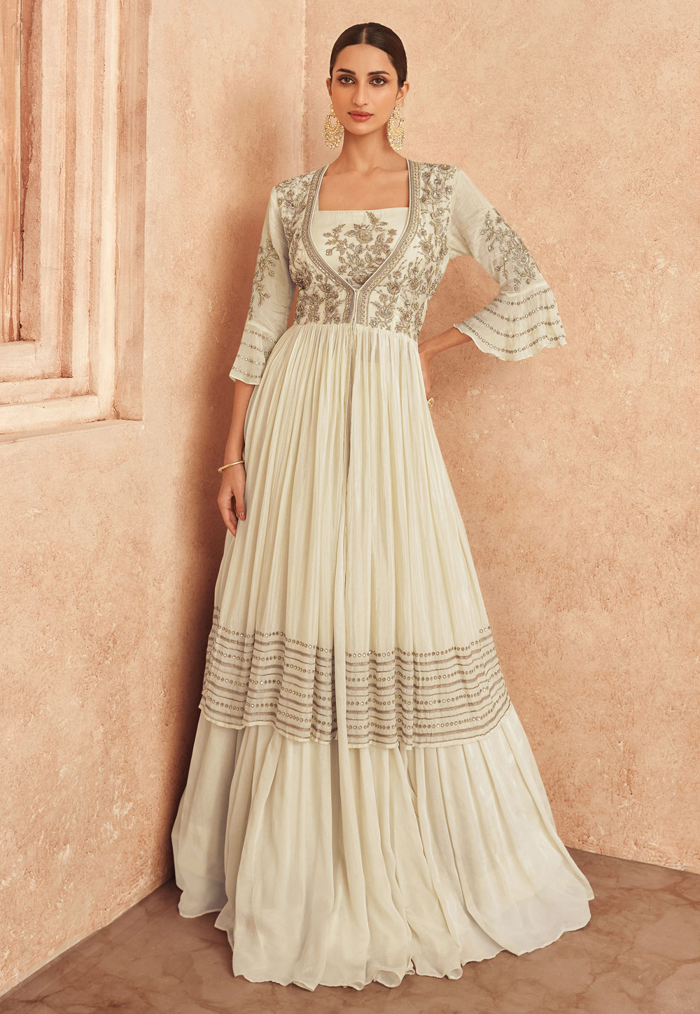 Off White Georgette Long Choli Lehenga 256201