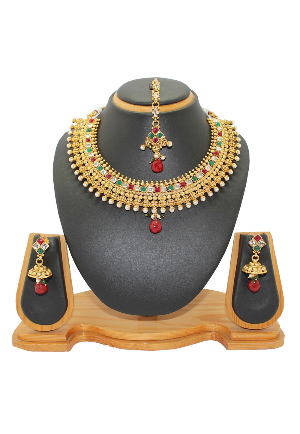 Maroon Copper Imitation Pears Necklace With Earrings and Maang Tikka 64330