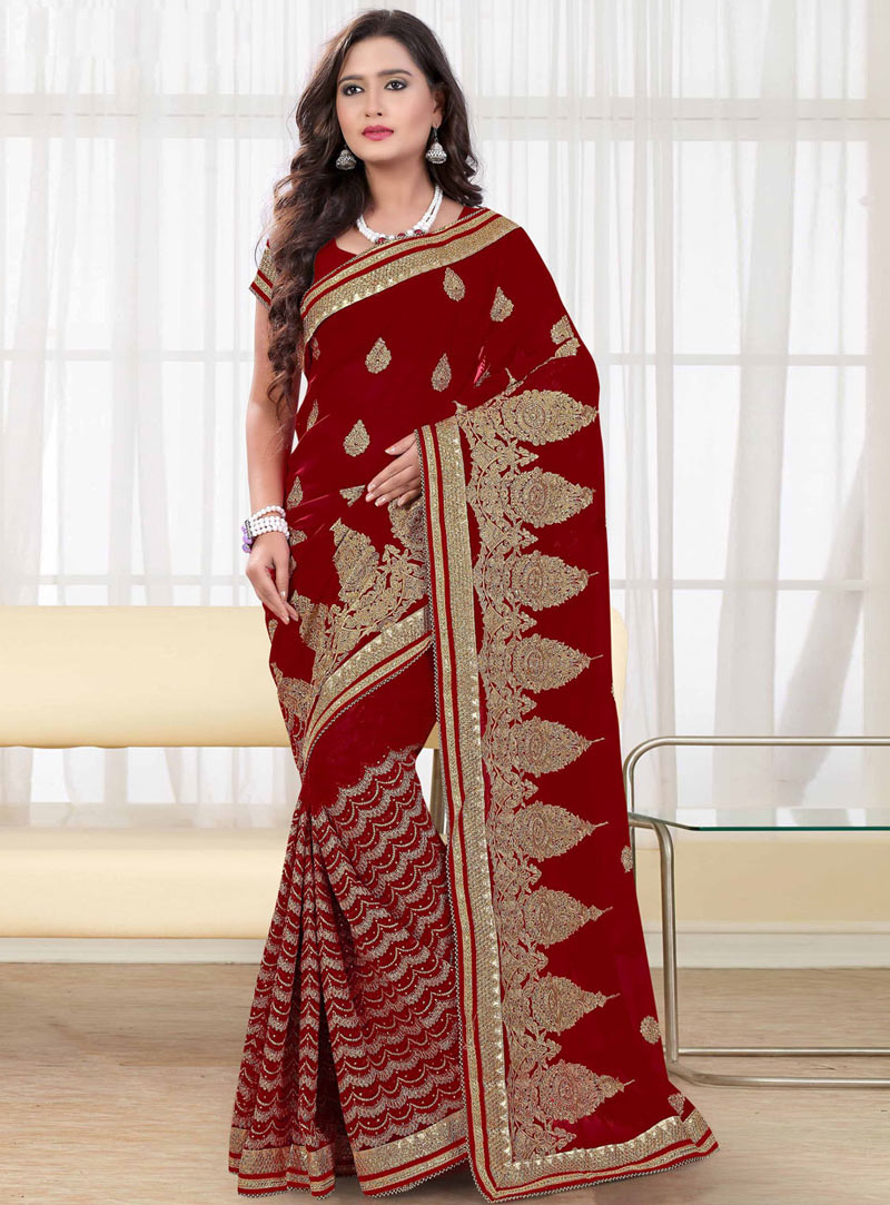 Red Faux Georgette Wedding Saree 75598