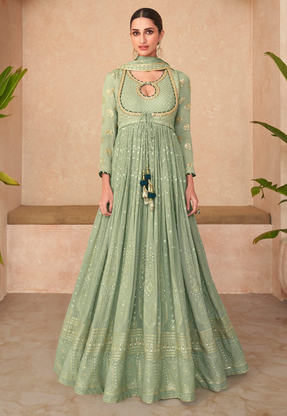 Pista Green Georgette Embroidered Abaya Style Anarkali Suit 269824