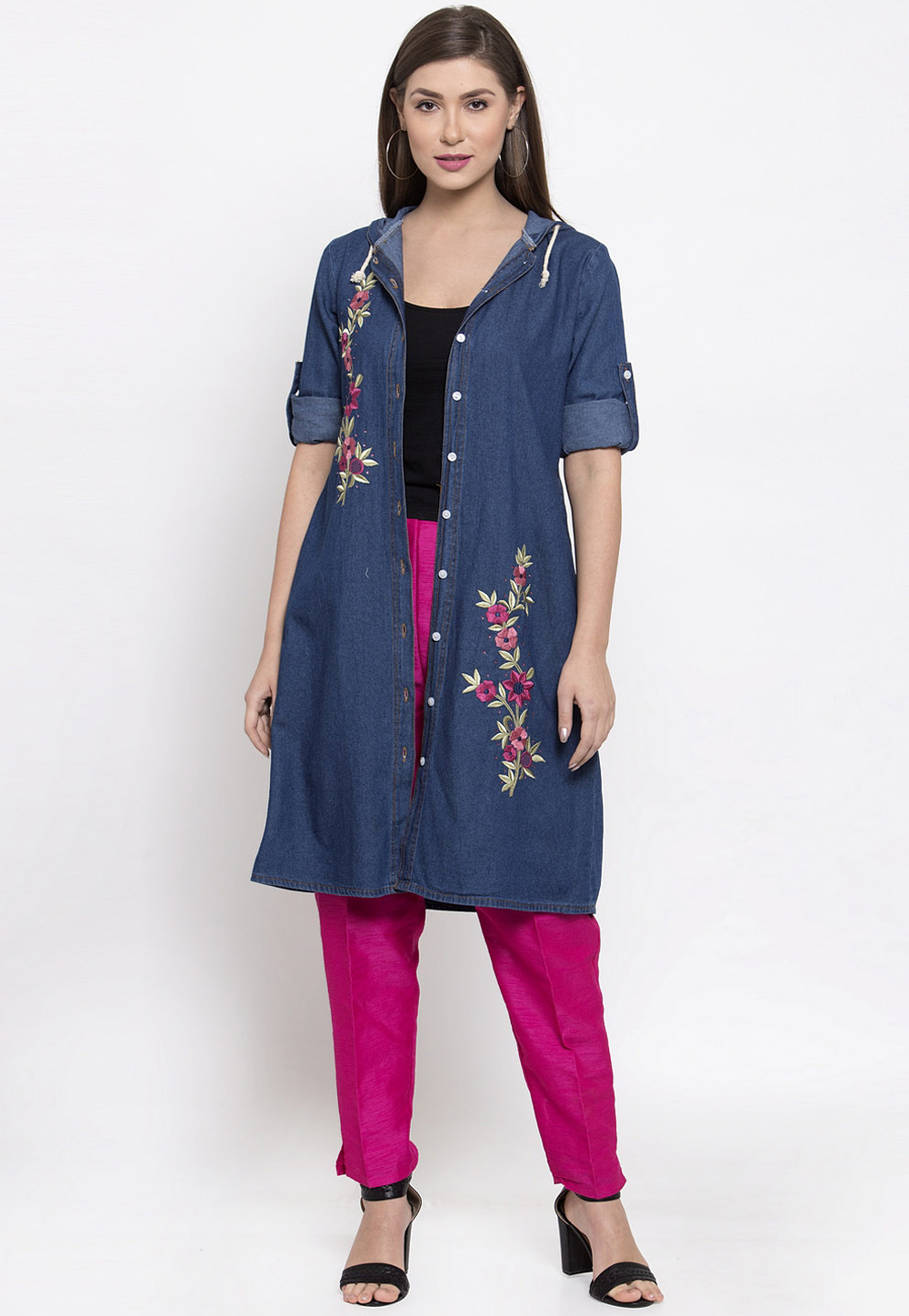 Deep Red Kurta with Block print Navy Blue details – Periwinkle Fashion