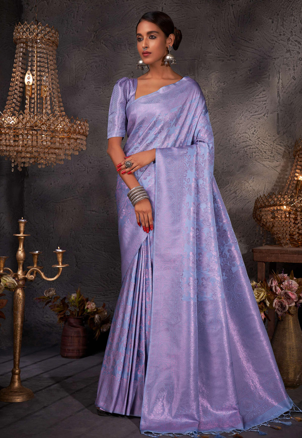 Sky Blue Kanjivaram Silk Saree With Blouse 257673