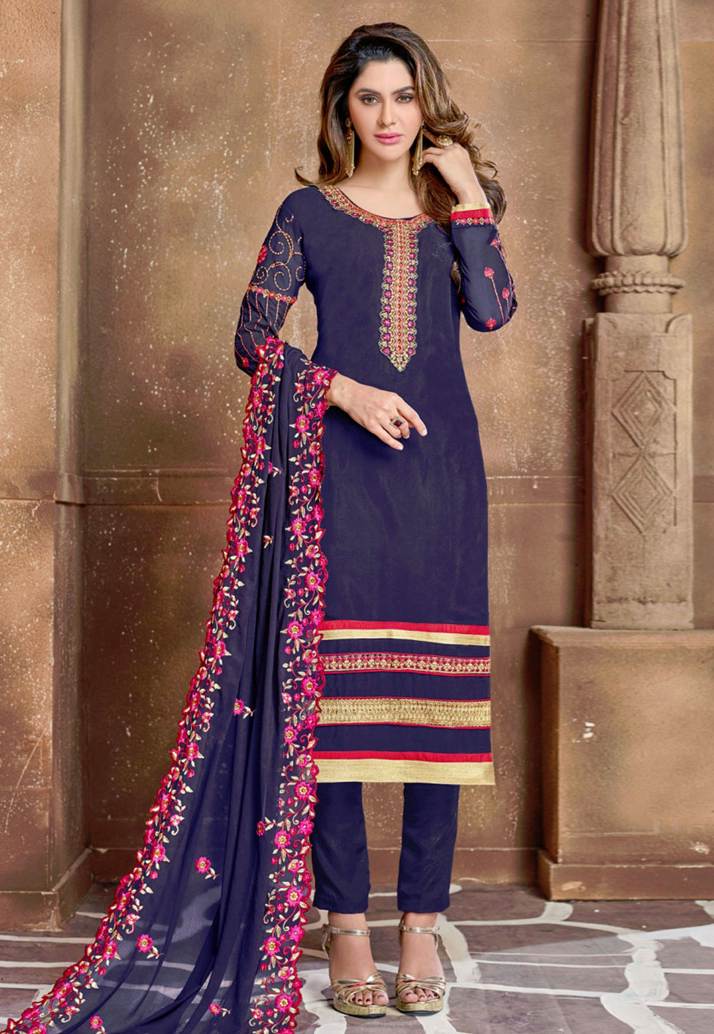 Navy Blue Georgette Pakistani Style Suit 156697