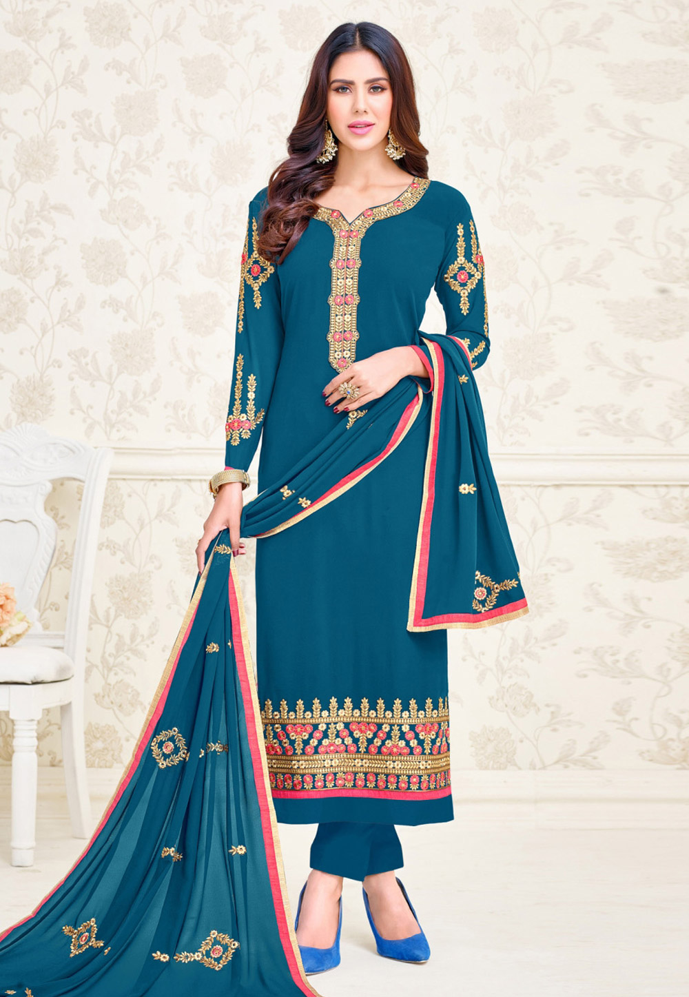 Blue Georgette Pakistani Style Suit 156699