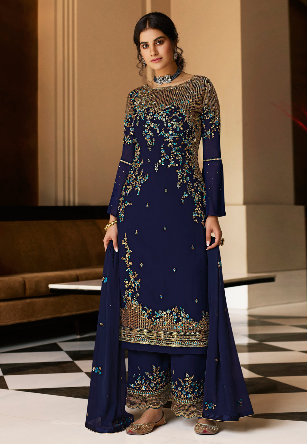 Navy Blue Georgette Palazzo Suit 225082