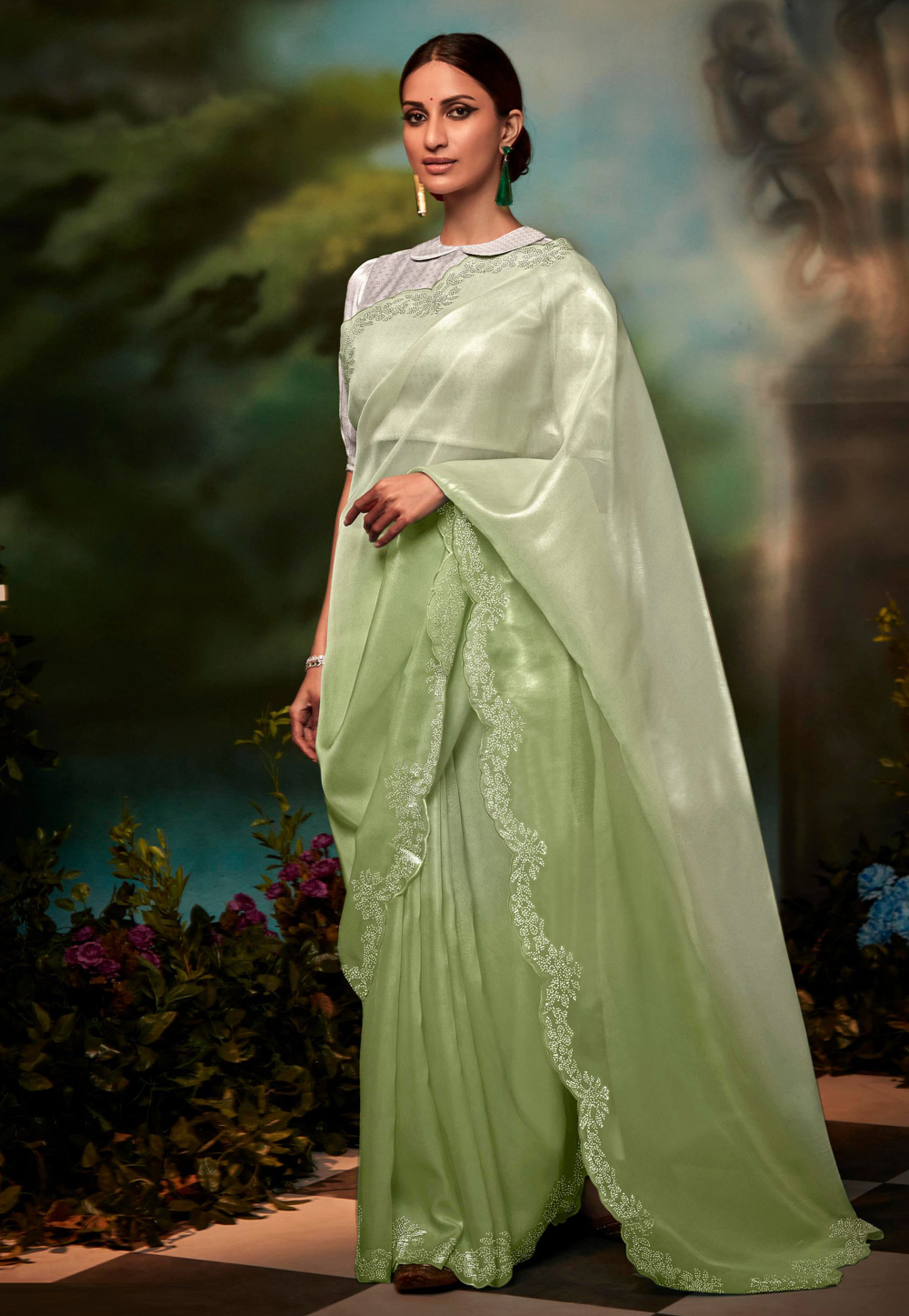 Light Green Organza Saree With Blouse 264545