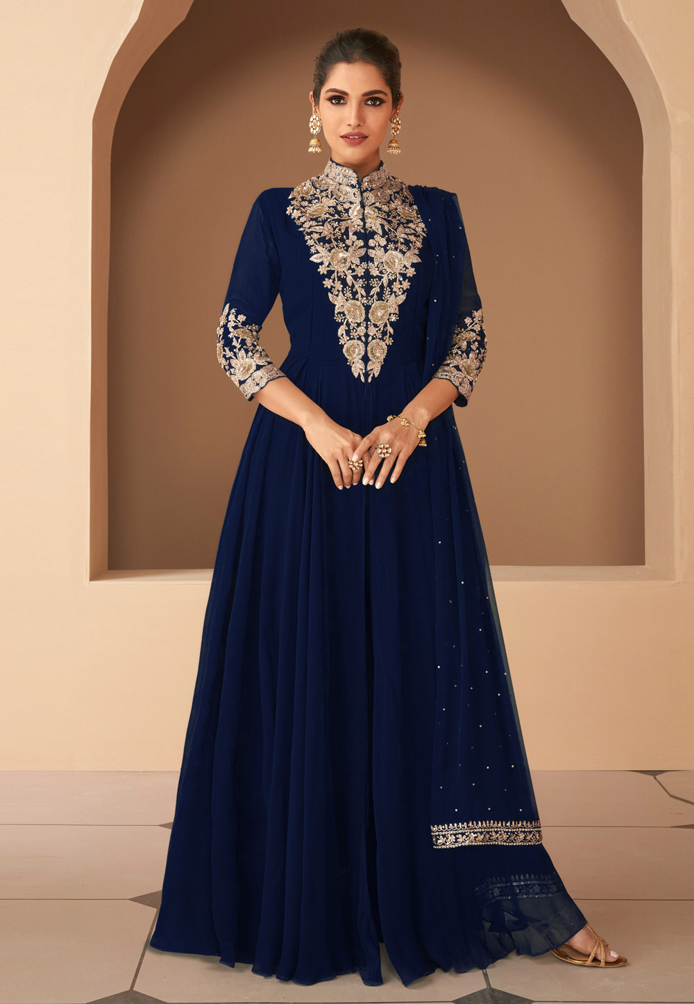 Navy Blue Embroidered Jacket Style Anarkali Gown - Salwar Kameez Designer  Collection