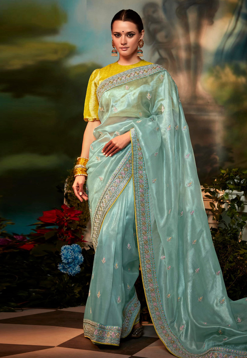 Beautiful Sky Blue Designer Organza Saree With Matching Blouse – Cygnus  Fashion