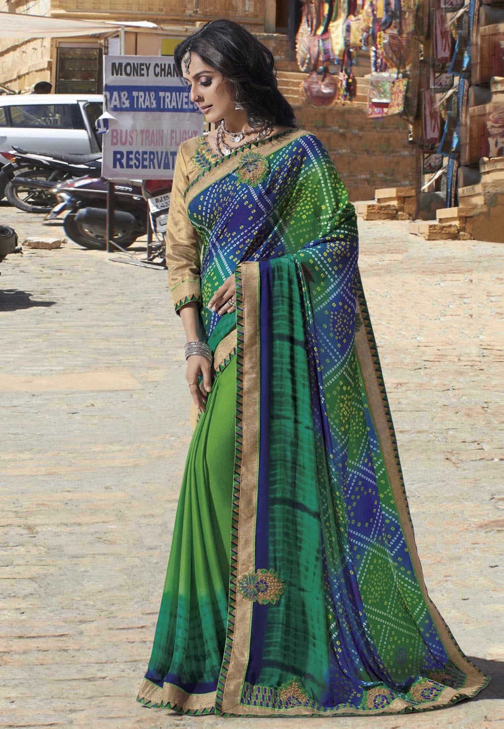Green Georgette Bandhej Saree With Blouse 156967