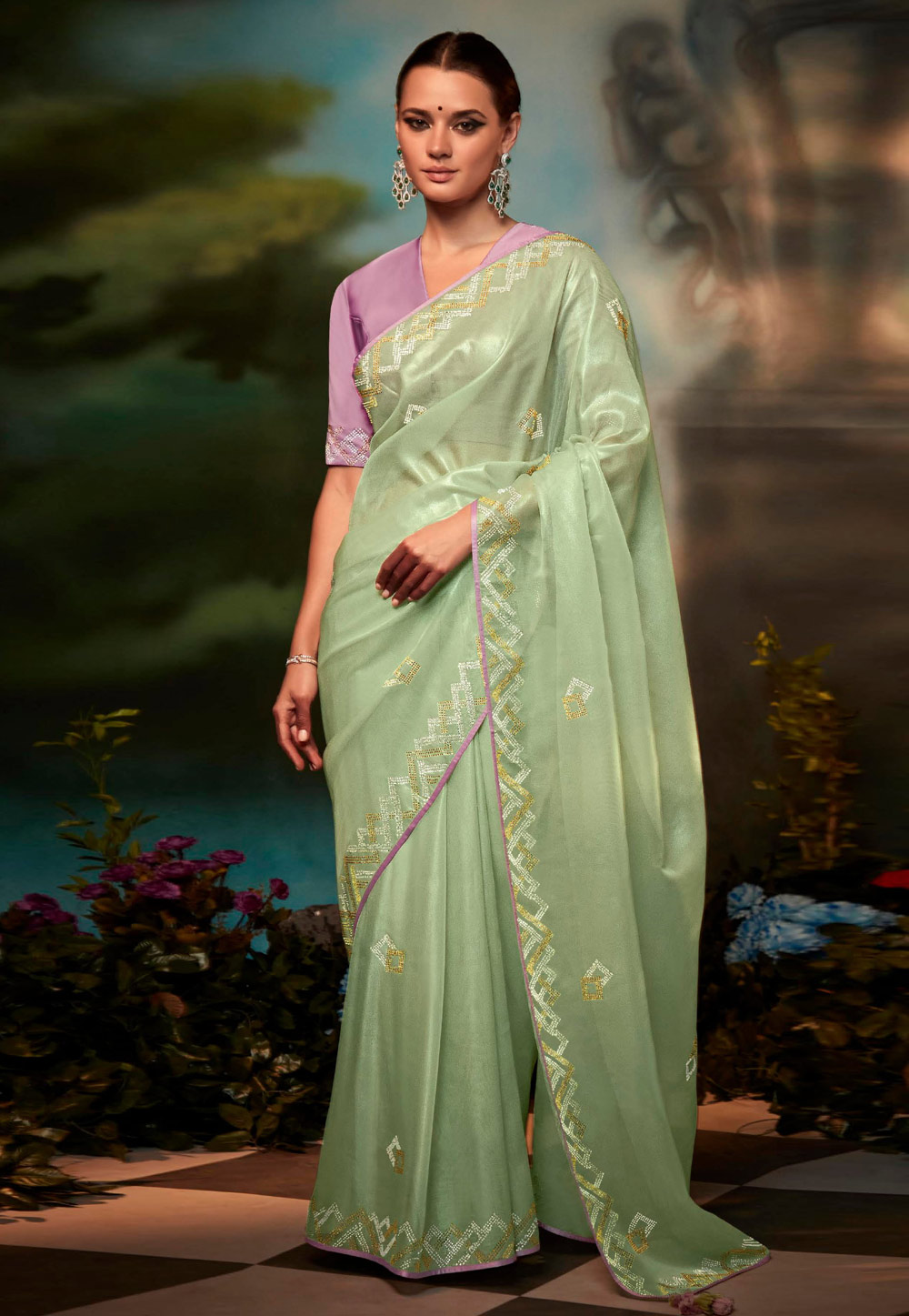 Buy Online Pista Green Gadhwal Silk Saree with Dark Green Check Border –  Pure Elegance