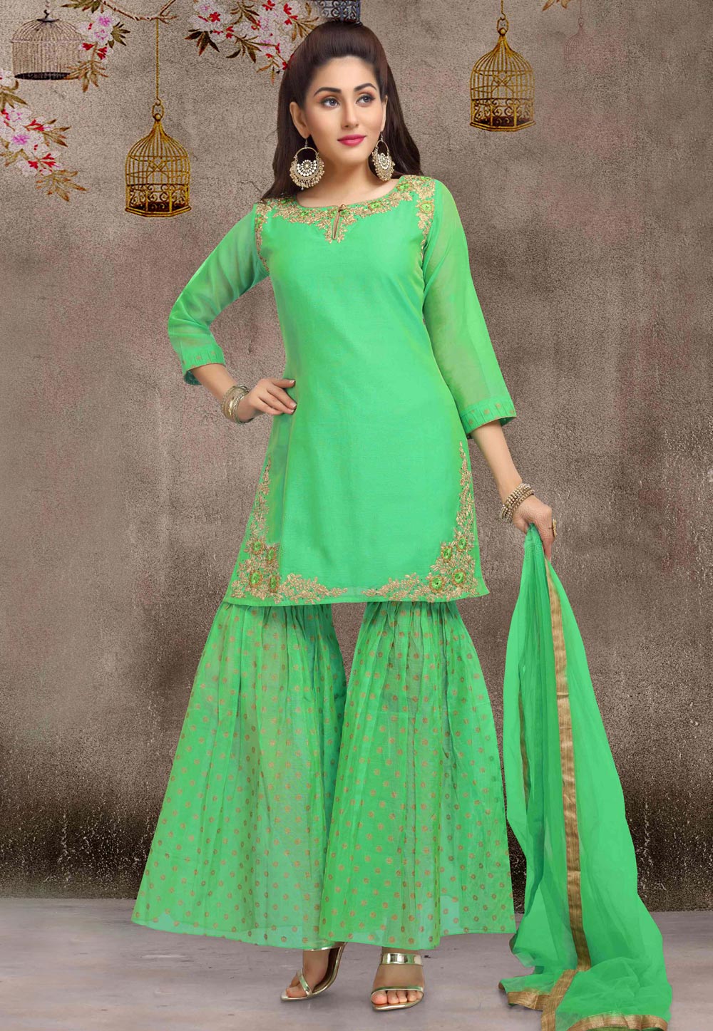 Sea Green Chanderi Readymade Sharara Style Suit 156985