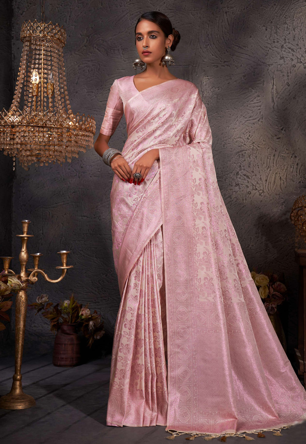 Cream Kanjivaram Silk Saree With Blouse 257675