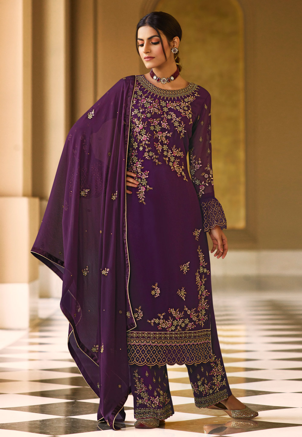 Purple Georgette Frill Sleeve Palazzo Suit 225084