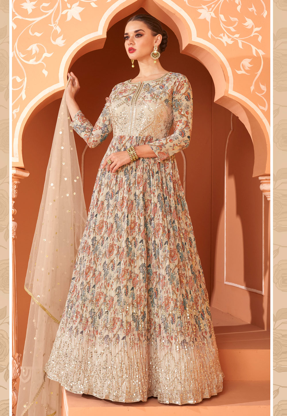 Cream Faux Georgette Abaya Style Anarkali Suit 269303