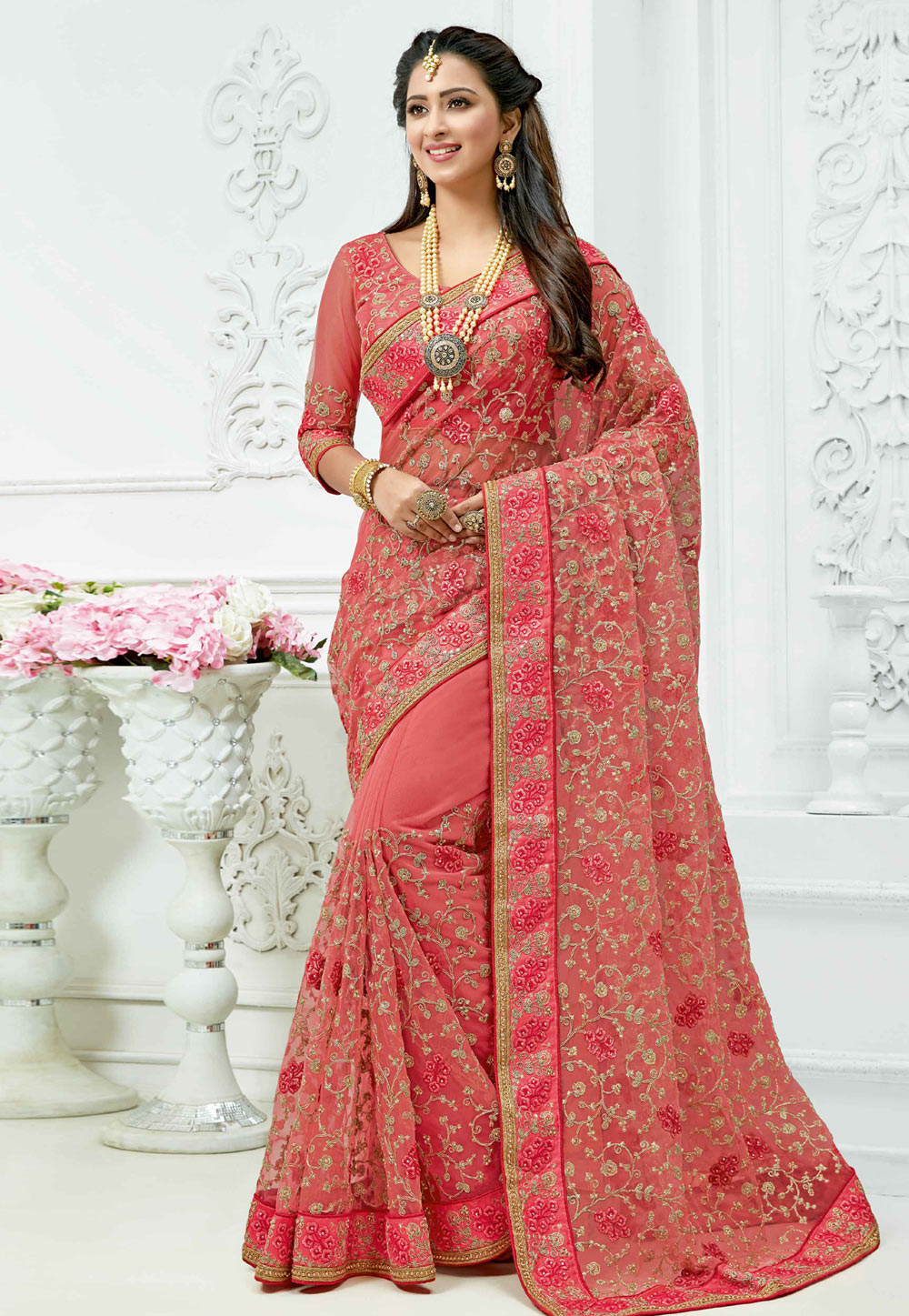 Pink Net Saree With Blouse 156996