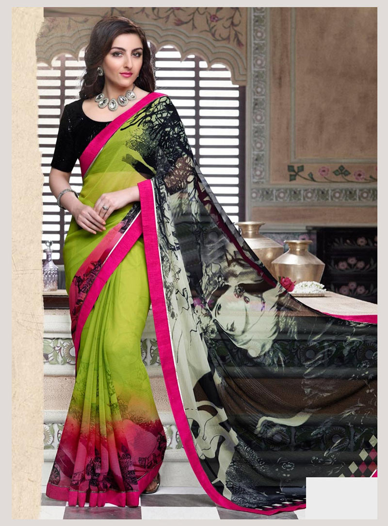 Soha Ali Khan Green Chiffon Printed Saree With Blouse 75310