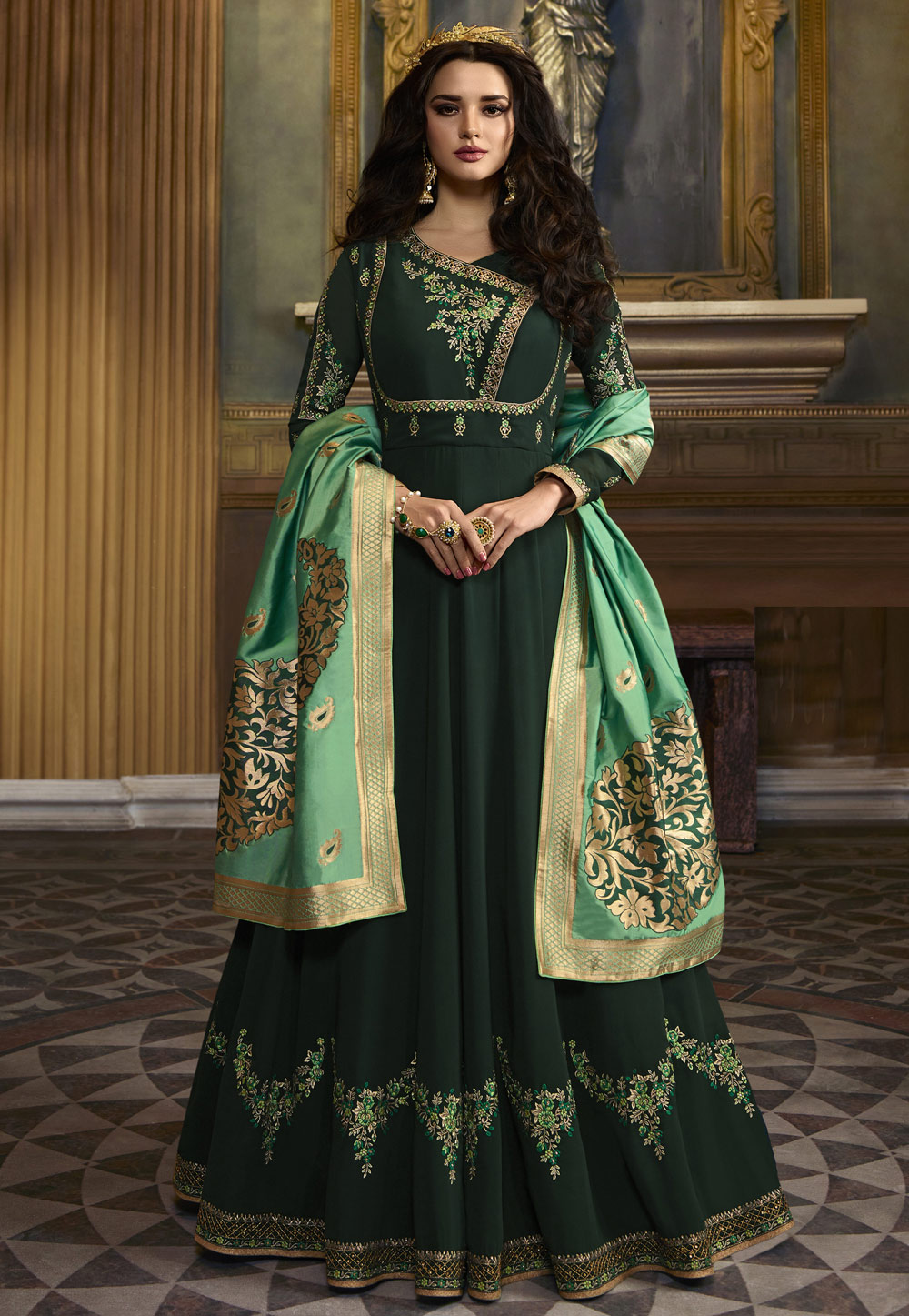 Green Faux Georgette Abaya Style Anarkali Suit 159842