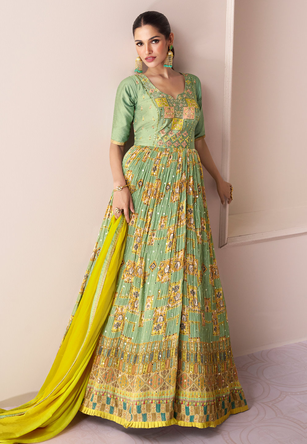 Pista Green Georgette Long Anarkali Suit 268380