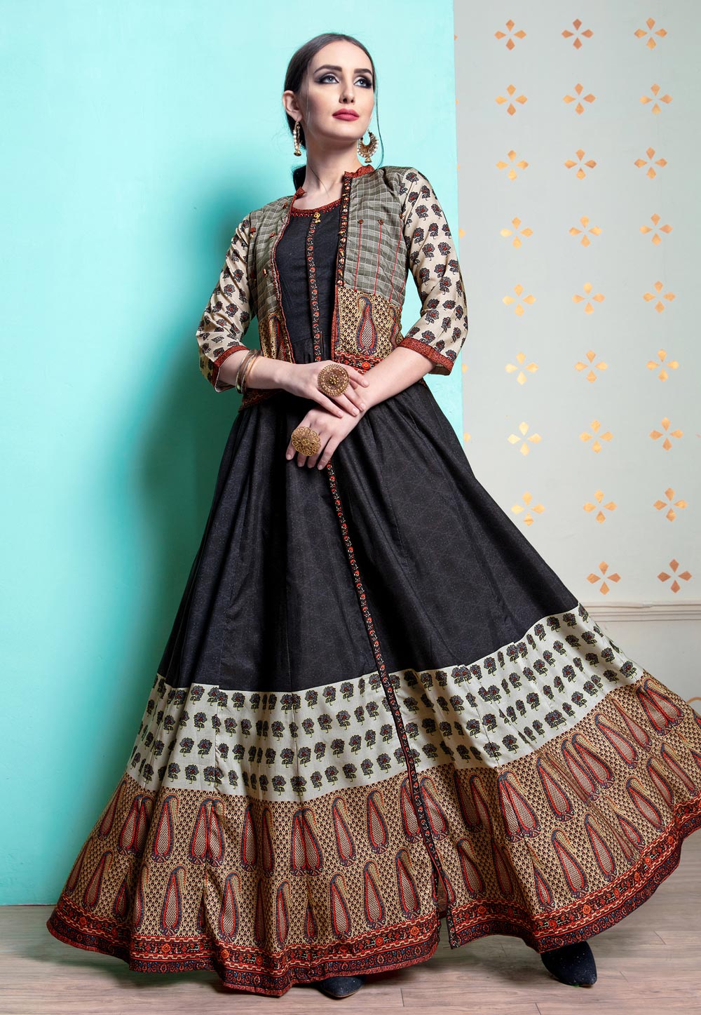 Black Cotton Readymade Gown With Jacket 159722