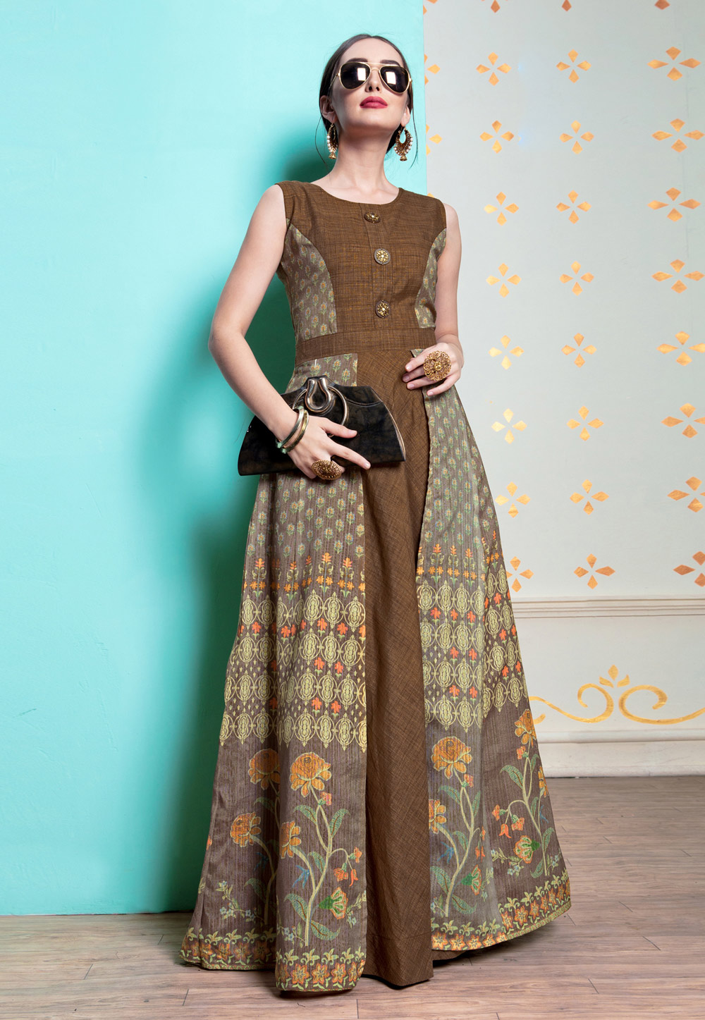 Brown Cotton Readymade Gown 159725