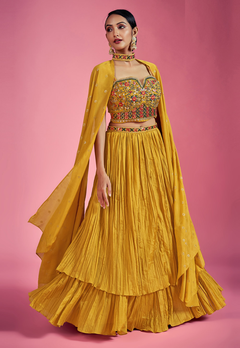 Mustard Chinon Readymade Layered Lehenga Choli 261930