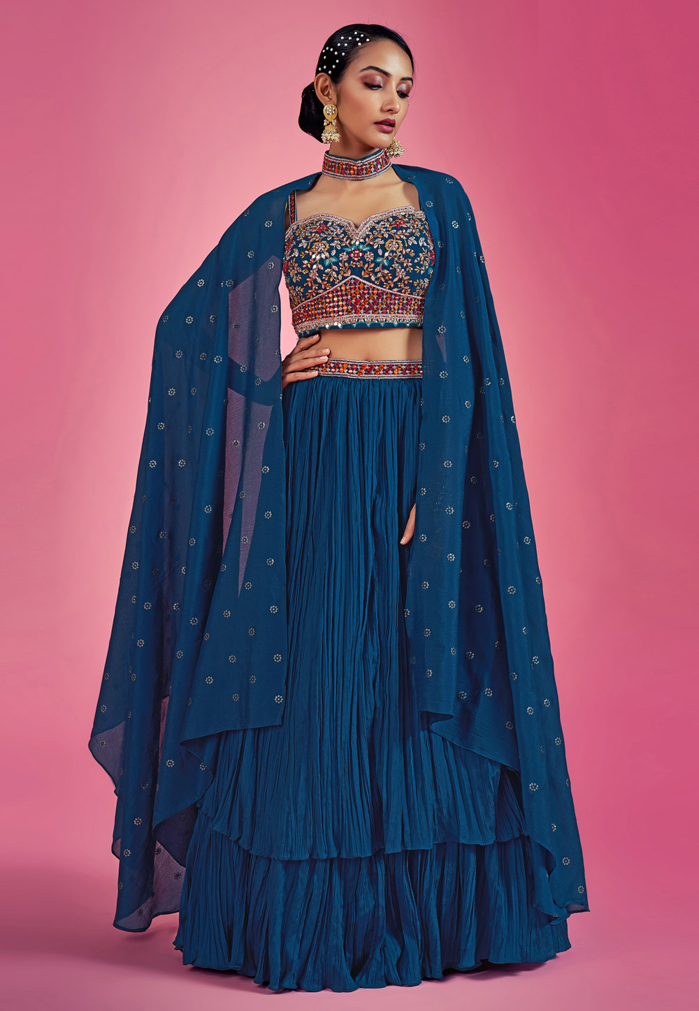 Teal Chinon Readymade Layered Lehenga Choli 261932