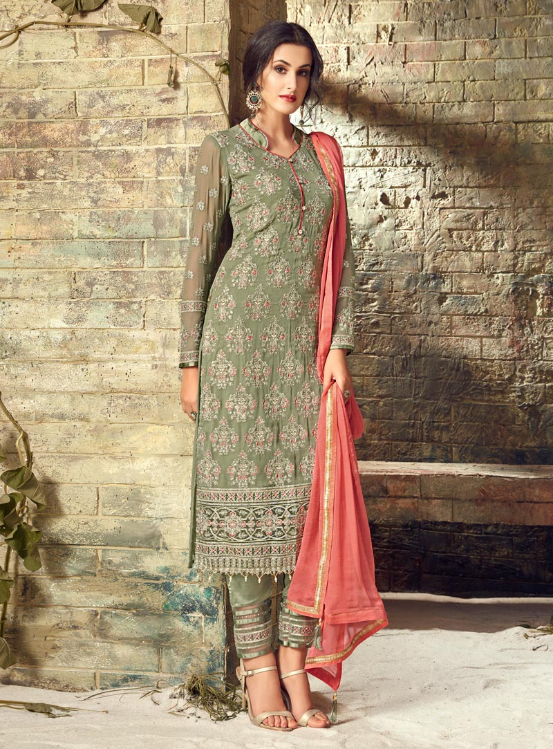Green Georgette Pakistani Style Suit 146100
