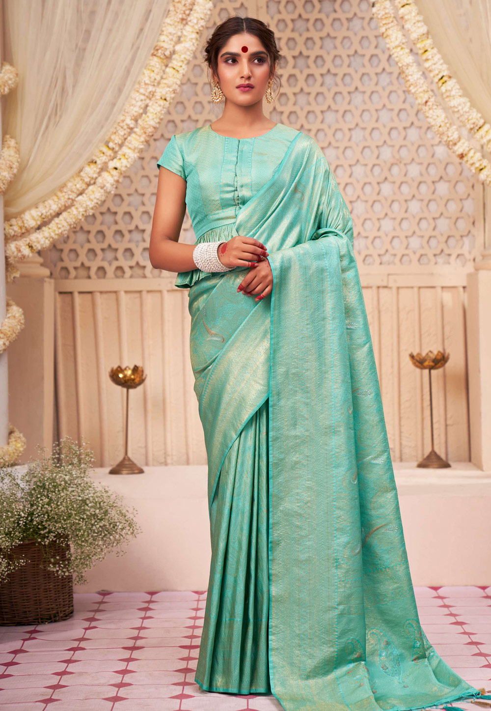 Aqua Kanjivaram Silk Saree With Blouse 257611