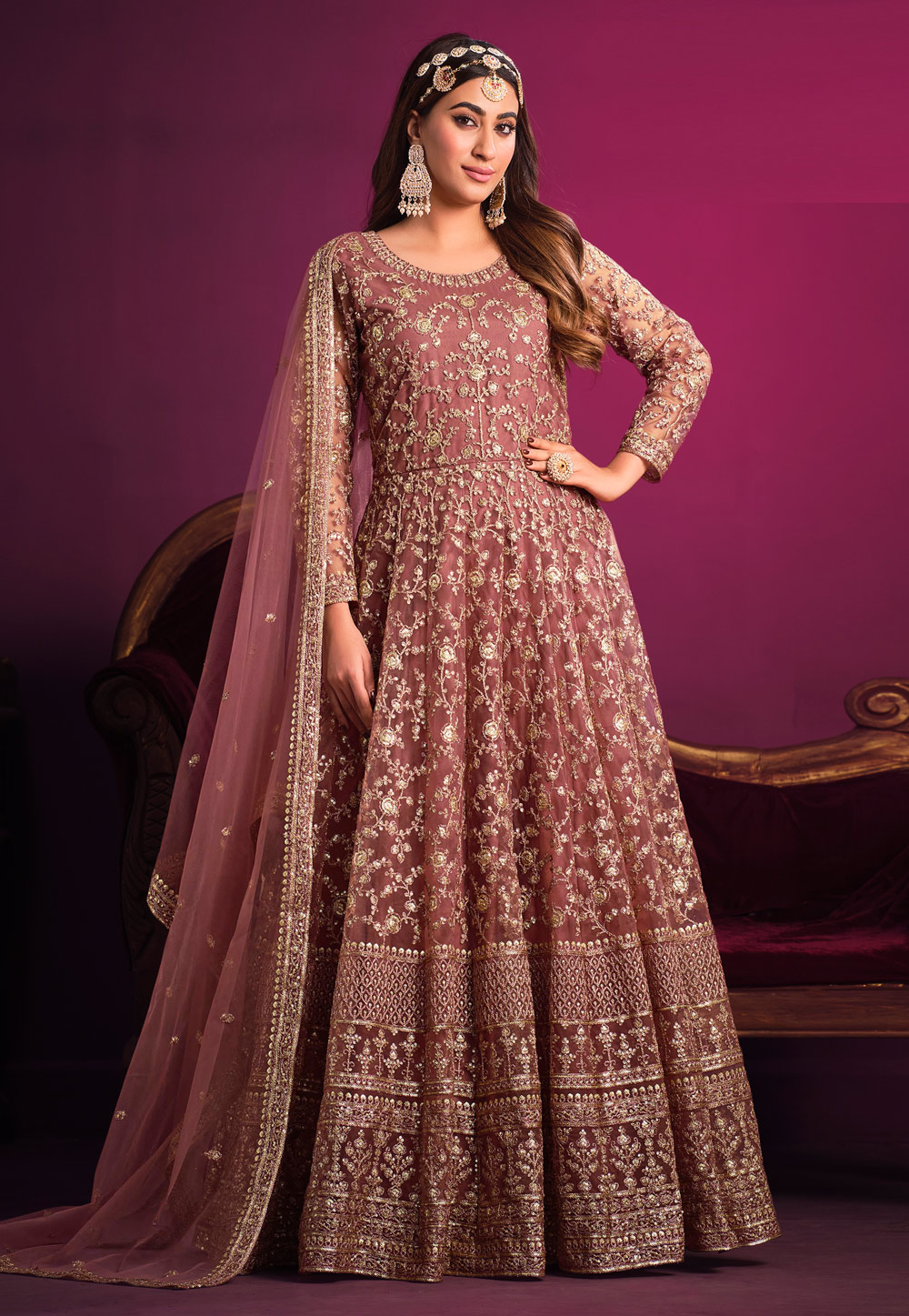 Pink Net Embroidered Long Anarkali Suit 260123
